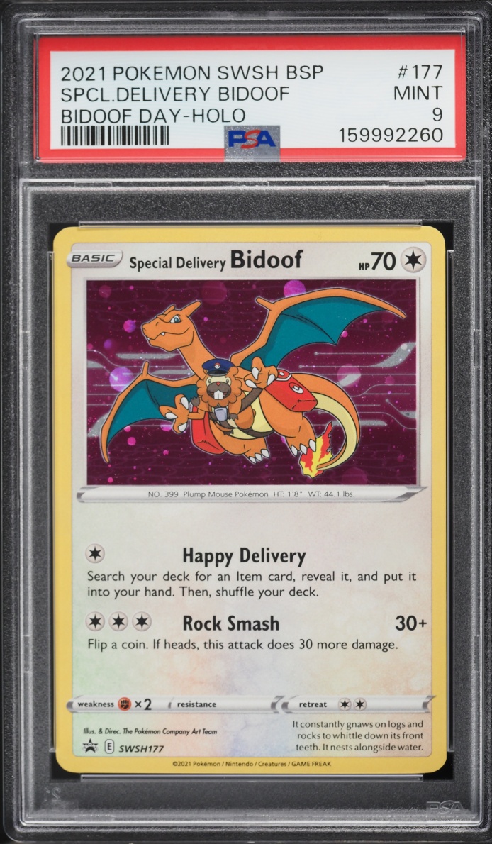 2021 Pokemon Sword & Shield Promo Day Center Holo Special Delivery Bidoof #SWSH177 PSA 9 MINT