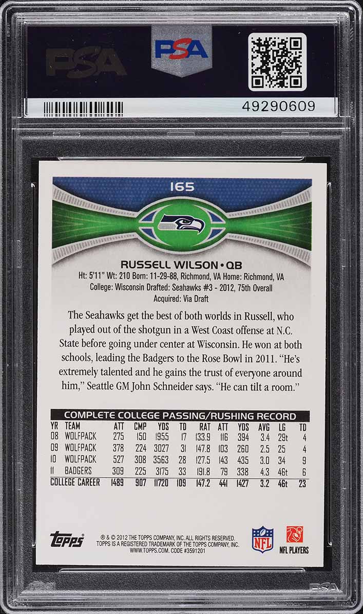 2012 Topps Football Russell Wilson ROOKIE #165 PSA 10 GEM MINT