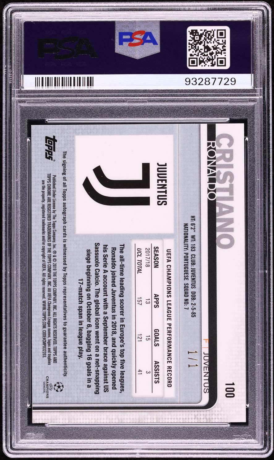 2018 Topps Chrome UEFA Superfractor Cristiano Ronaldo AUTO 1/1 #100 PSA 9 MINT