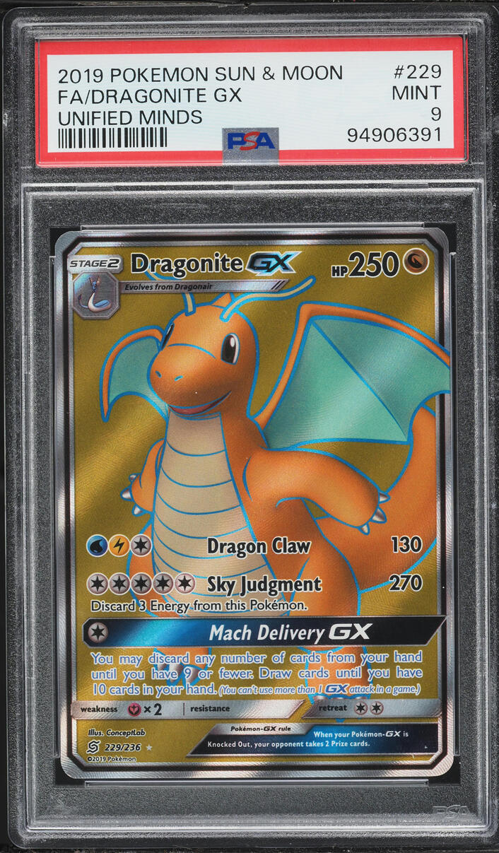 2019 Pokemon Sun & Moon Unified Minds Full Art Dragonite GX #229 PSA 9 MINT