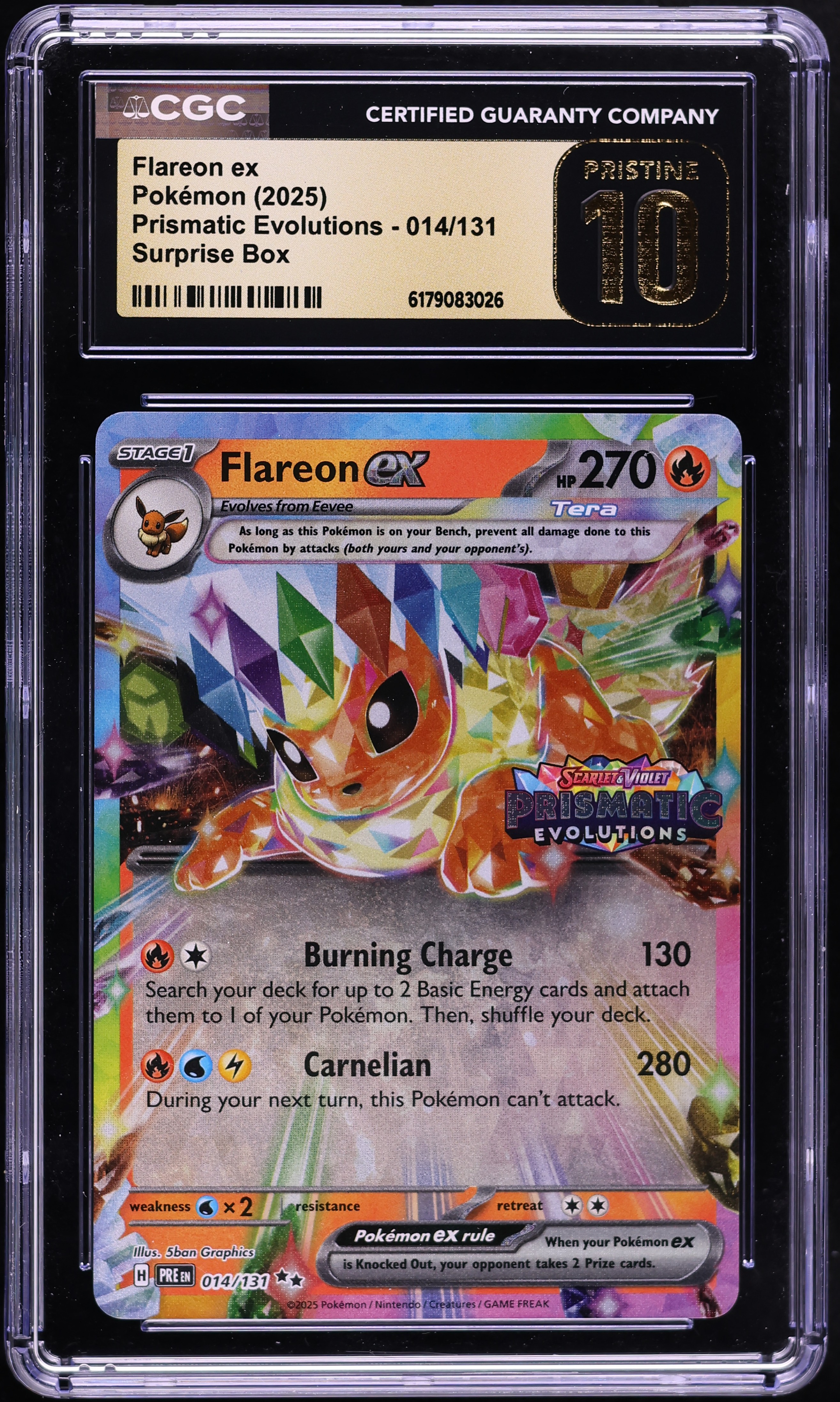 2025 Pokemon SV Prismatic Evolutions Surprise Box Holo Flareon ex #14 CGC 10 PRISTINE