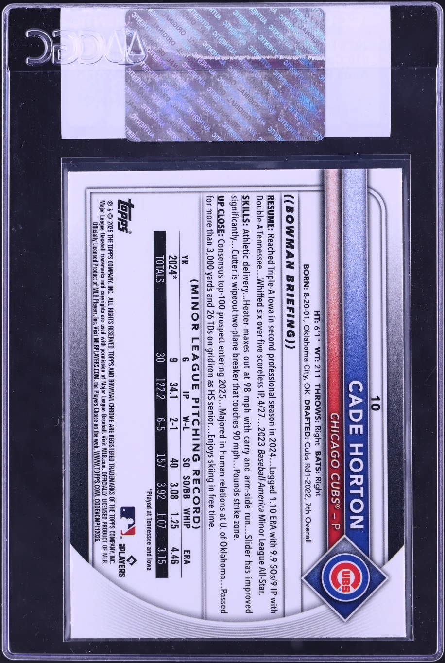2025 Bowman Chrome Aqua Raywave Refractor Cade Horton ROOKIE /199 #10 CGC AUTH