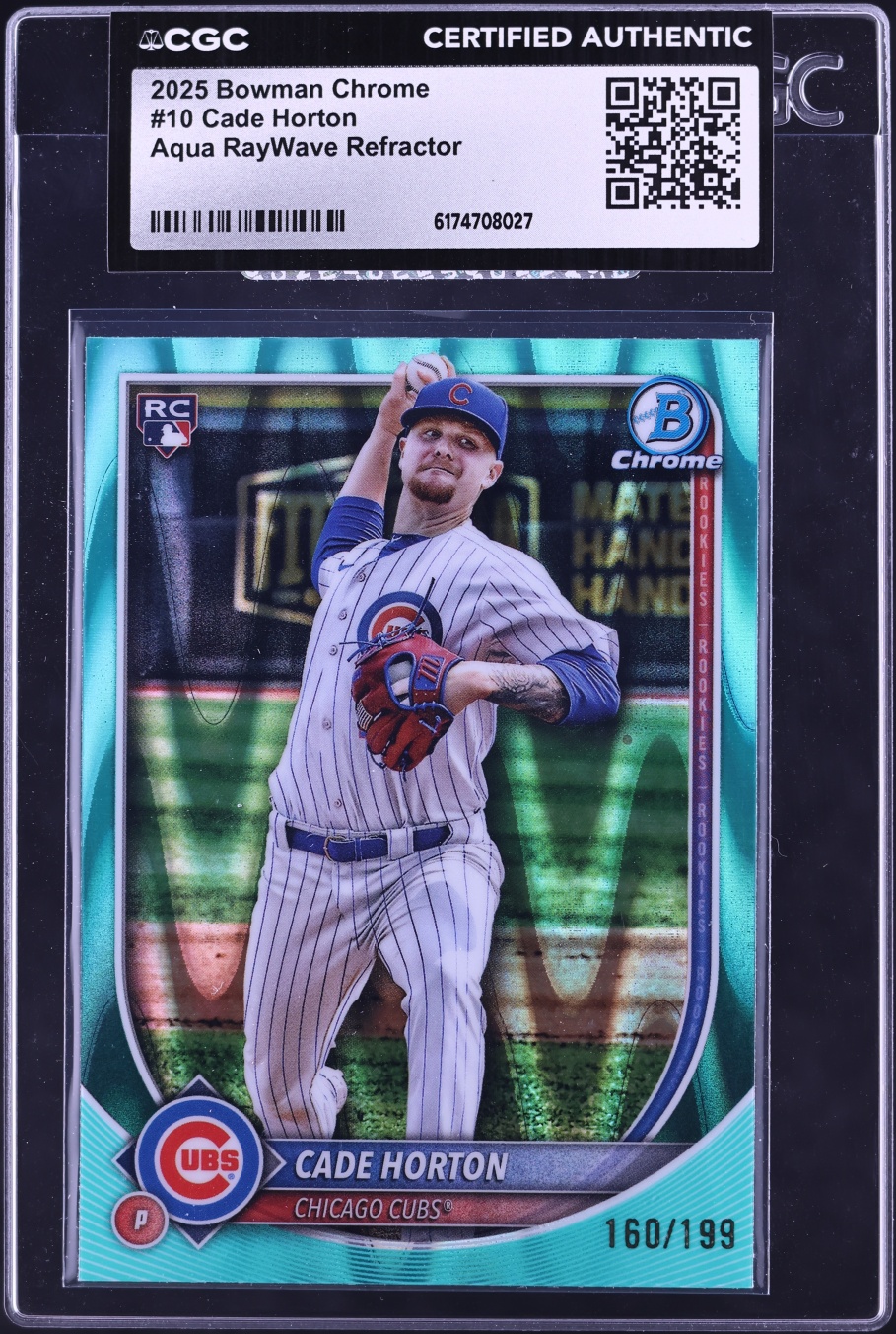 2025 Bowman Chrome Aqua Raywave Refractor Cade Horton ROOKIE /199 #10 CGC AUTH
