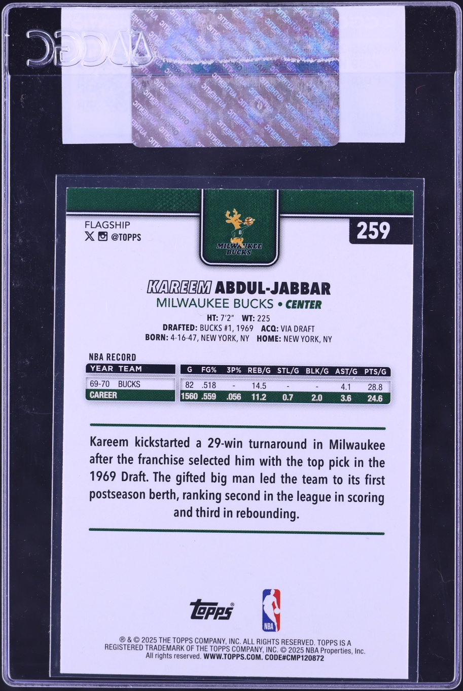 2025 Topps Purple Holo Foil Kareem Abdul-Jabbar #259 CGC AUTH