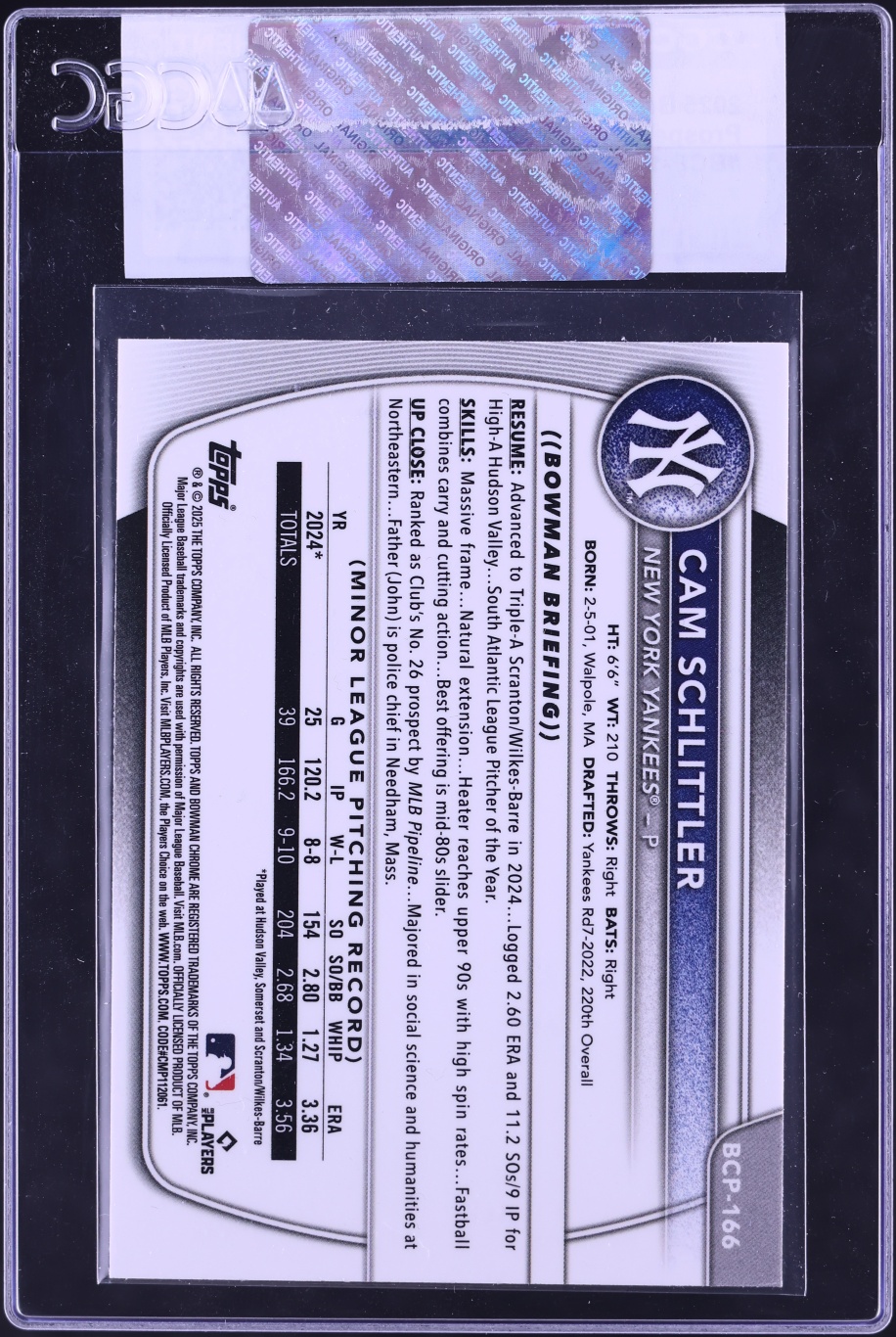 2025 Bowman Chrome Cam Schlittler PROSPECT #BCP-166 CGC AUTH