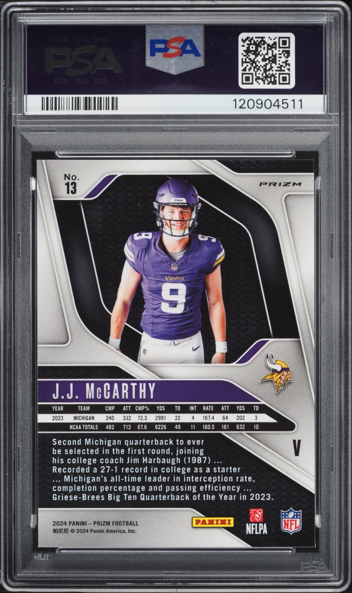 2024 Panini Prizm Variation J.J. McCarthy ROOKIE #13 PSA 9 MINT