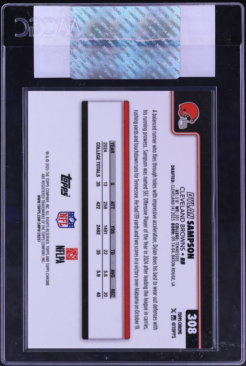 2025 Topps Chrome Orange Geometric Refractor Dylan Sampson ROOKIE /250 #308 CGC AUTH