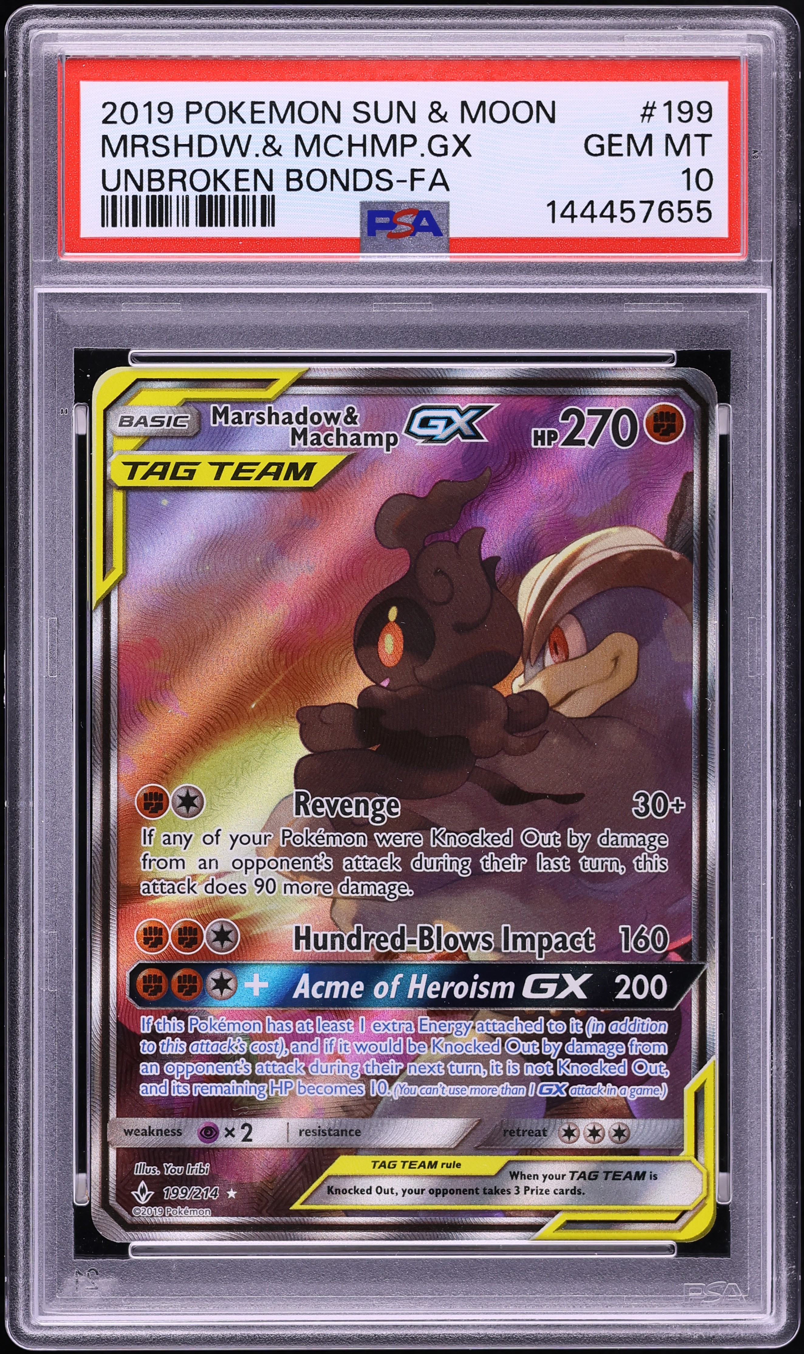 2019 Pokemon Sun & Moon Unbroken Bonds Full Art Marshadow & Machamp GX #199 PSA 10 GEM MINT