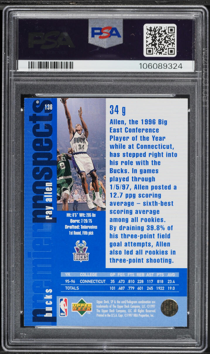 1996 SP Basketball Ray Allen ROOKIE #136 PSA 8 NM-MT