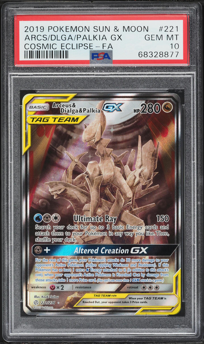 2019 Pokemon Sun & Moon Cosmic Eclipse Full Art Arceus Dialga Palkia GX #221 PSA 10 GEM
