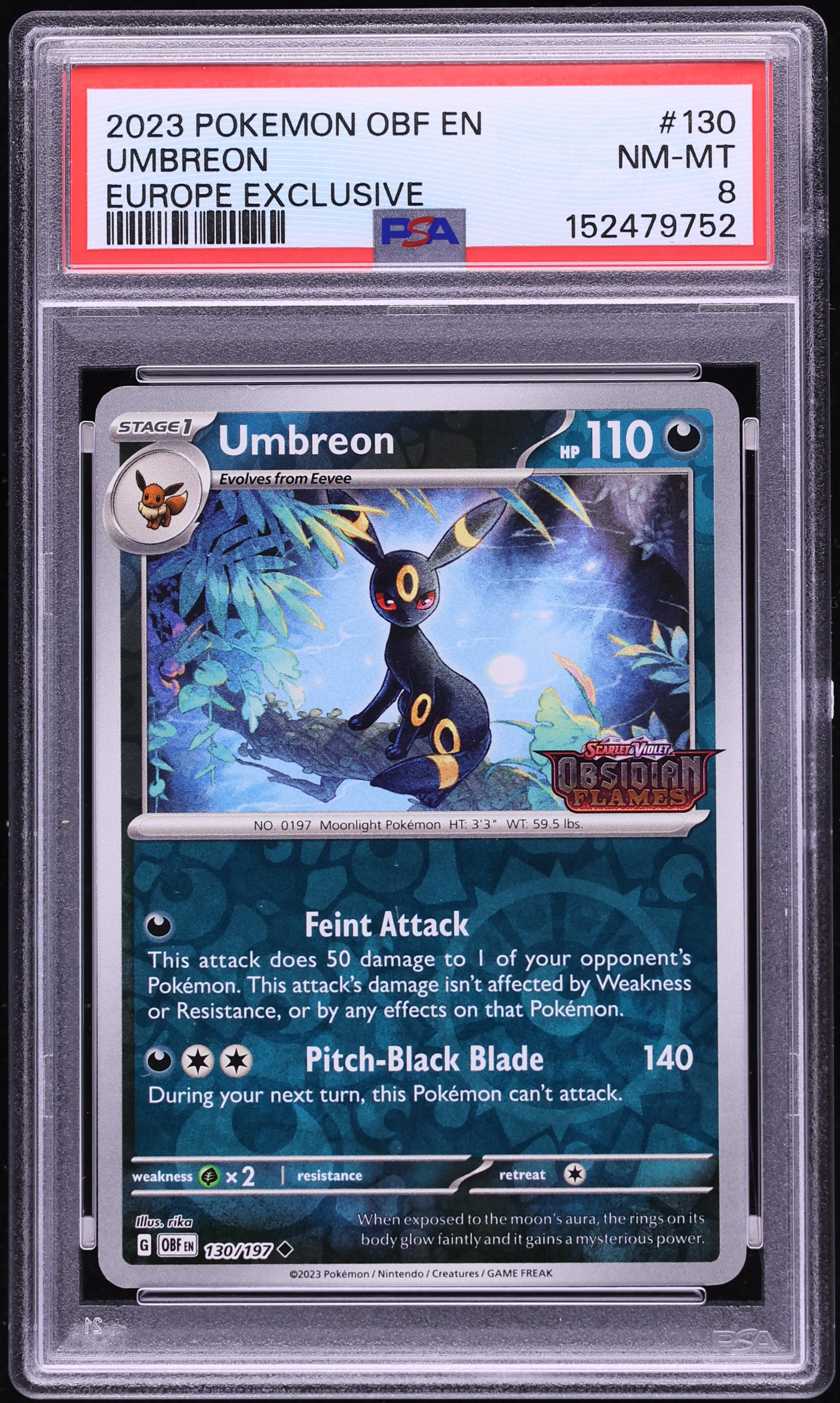 2023 Pokemon Scarlet & Violet Obsidian Flames Europe Exclusive Umbreon #130 PSA 8 NM-MT