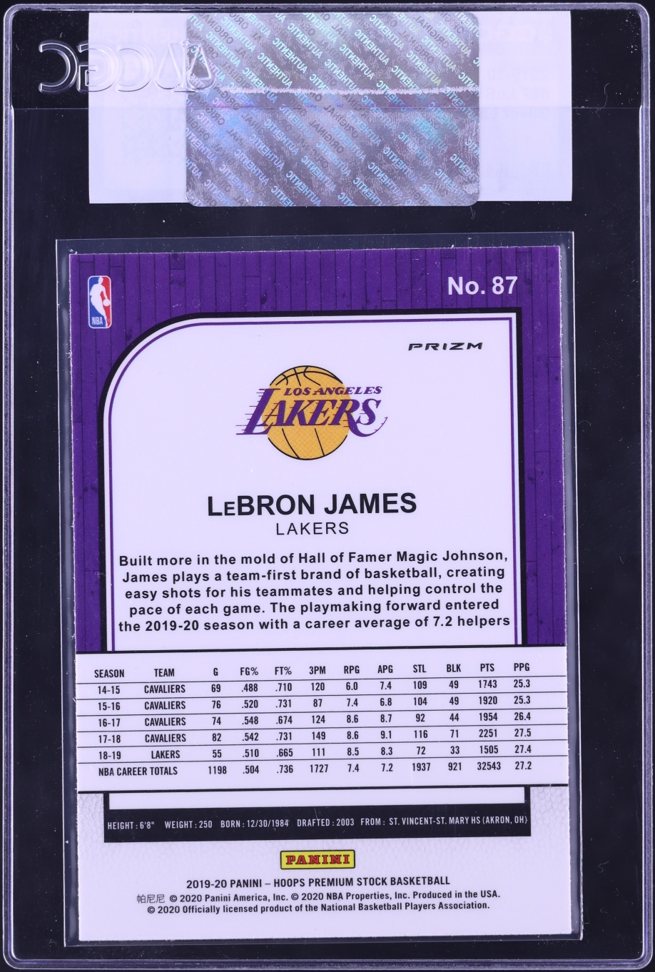 2019 Hoops Premium Stock Silver Laser LeBron James #87 CGC AUTH