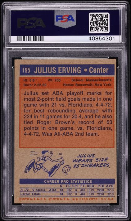 1972 Topps Basketball Julius Erving ROOKIE #195 PSA 9 MINT - Photo 2