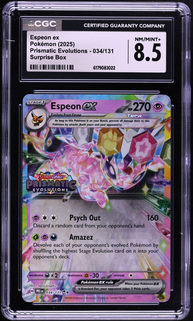 2025 Pokemon Scarlet & Violet Prismatic Evolutions Surprise Box Holo Espeon ex #34 CGC 8.5