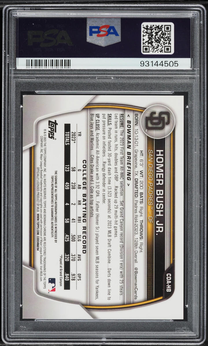 2023 Bowman Chrome Draft Homer Bush Jr. PROSPECT AUTO #CDA-HB PSA 8 NM-MT