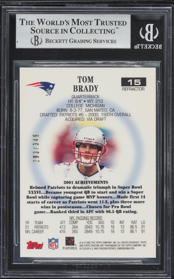 2002 Topps Pristine Refractor Tom Brady /349 #15 BGS 9 MINT