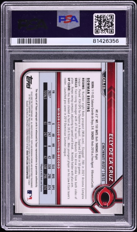 2022 Bowman Chrome Blue Refractor Elly De La Cruz PROSPECT AUTO /150 #CPA-ED PSA 10 GEM MINT
