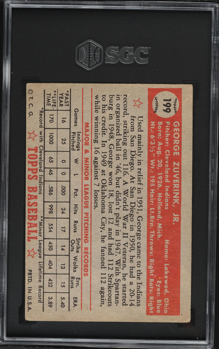 1952 Topps George Zuverink #199 SGC AUTH