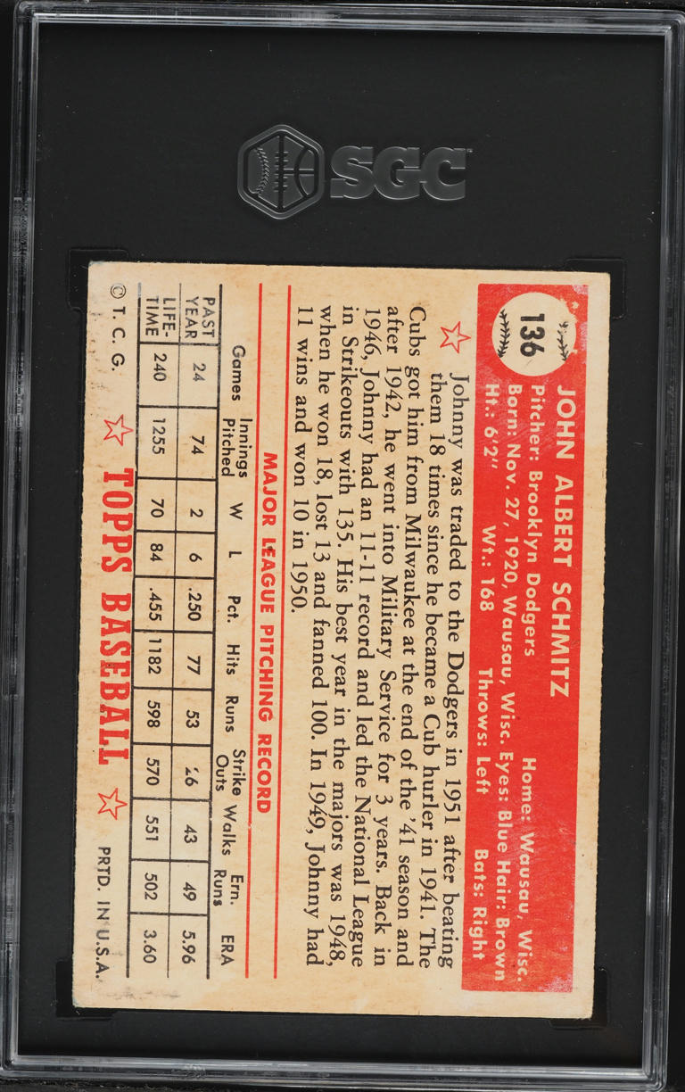 1952 Topps Johnny Schmitz #136 SGC 5 EX
