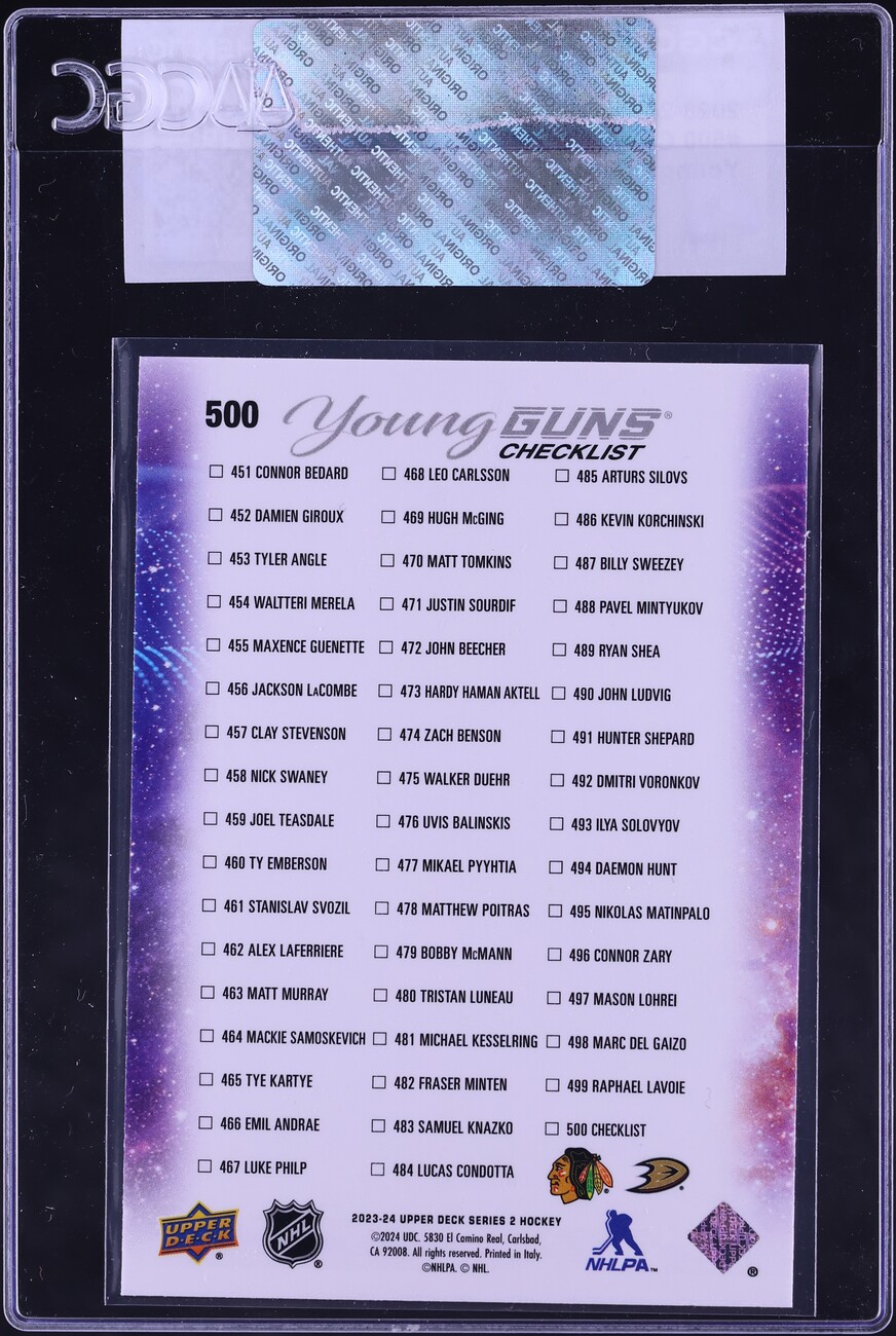 2023 Upper Deck Young Guns Checklist Connor Bedard Leo Carlsson ROOKIE #500 CGC AUTH