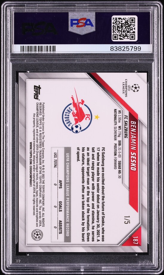 2021 Topps Chrome Sapphire UCL Red Benjamin Sesko 1/5 #187 PSA 9 MINT