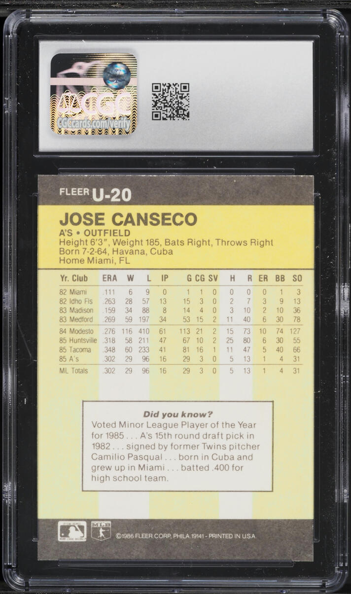 1986 Fleer Update Jose Canseco ROOKIE #U-20 CGC 9 MINT