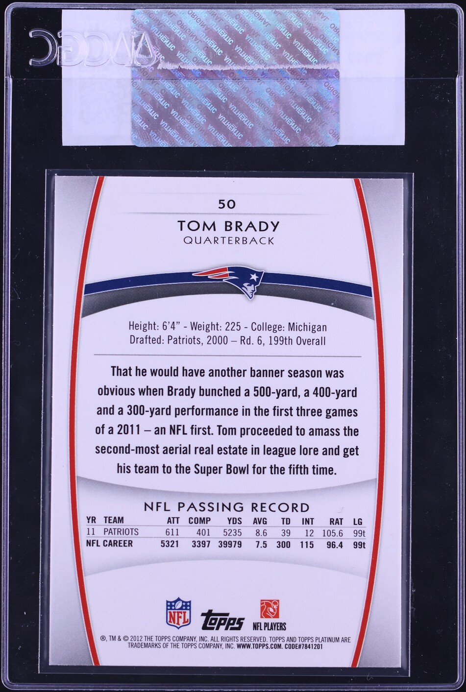 2012 Topps Platinum Tom Brady #50 CGC AUTH