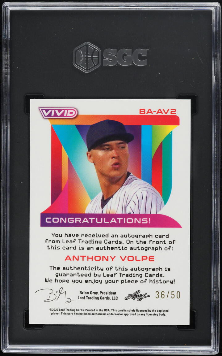 2022 Leaf Vivid Yellow Anthony Volpe ROOKIE AUTO /50 #BA-AV2 SGC 9 MINT