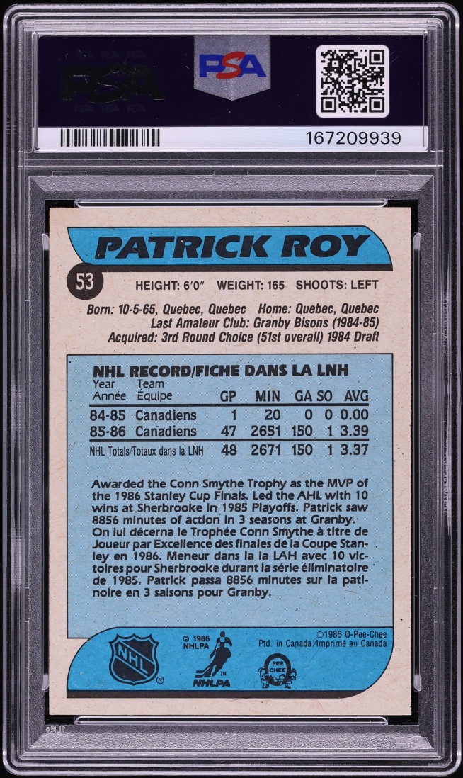 1986 O-Pee-Chee Hockey Patrick Roy ROOKIE #53 PSA 8 NM-MT - Photo 2