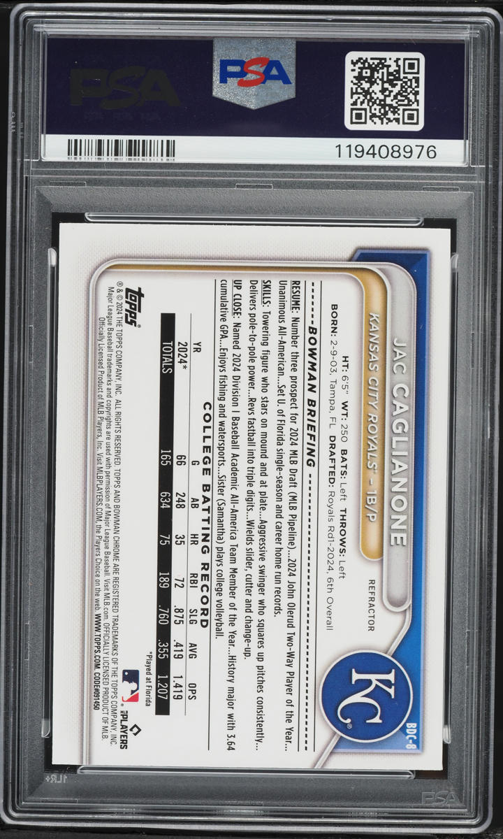 2024 Bowman Chrome Draft Refractor Jac Caglianone PROSPECT #BDC-8 PSA 9 MINT