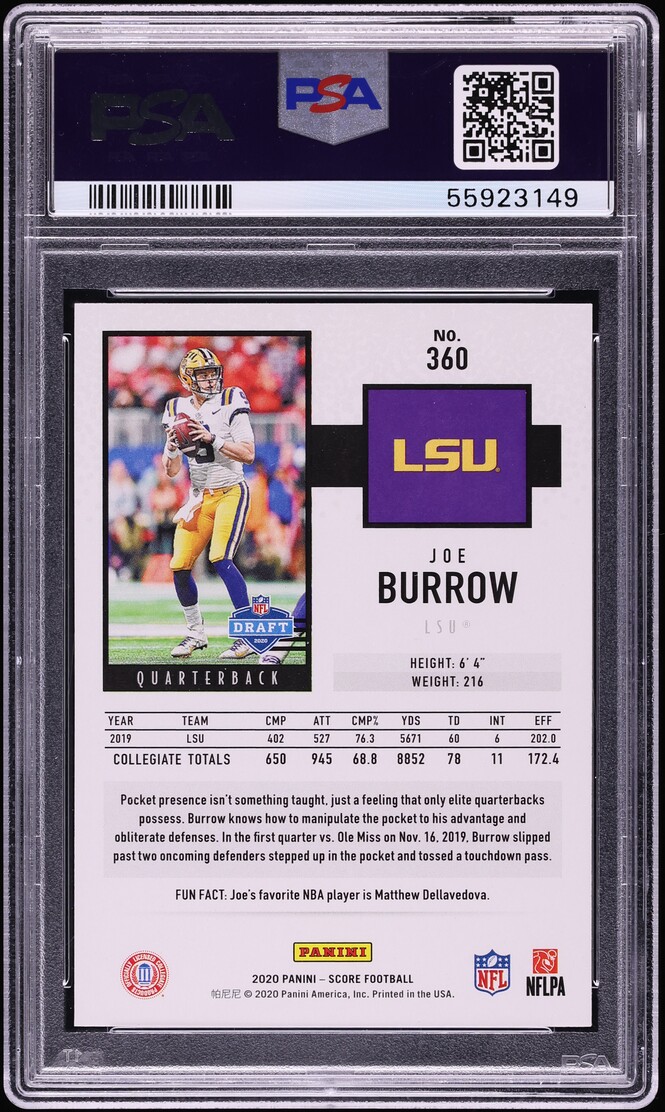 2020 Score Football Joe Burrow ROOKIE #360 PSA 10 GEM MINT