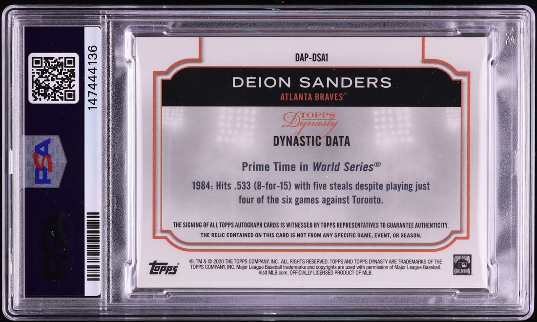 2020 Topps Dynasty Deion Sanders PATCH AUTO 1/10 #DSA1 PSA 10 GEM MINT - Photo 2