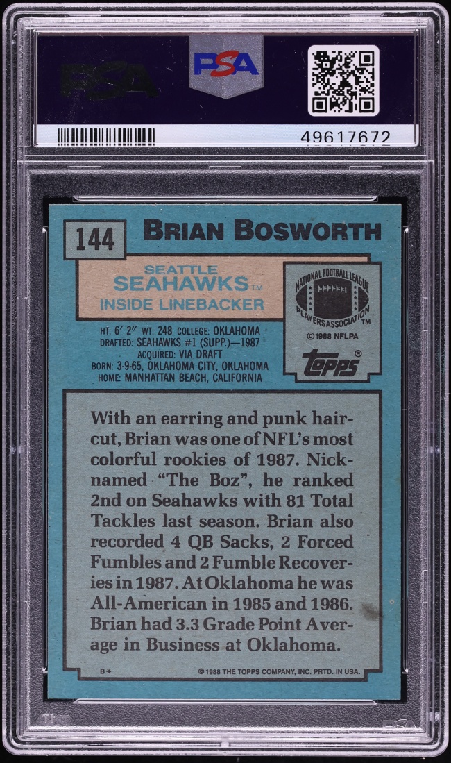 1988 Topps Football Brian Bosworth ROOKIE AUTO DNA 10 #144 PSA 9 MINT - Photo 2