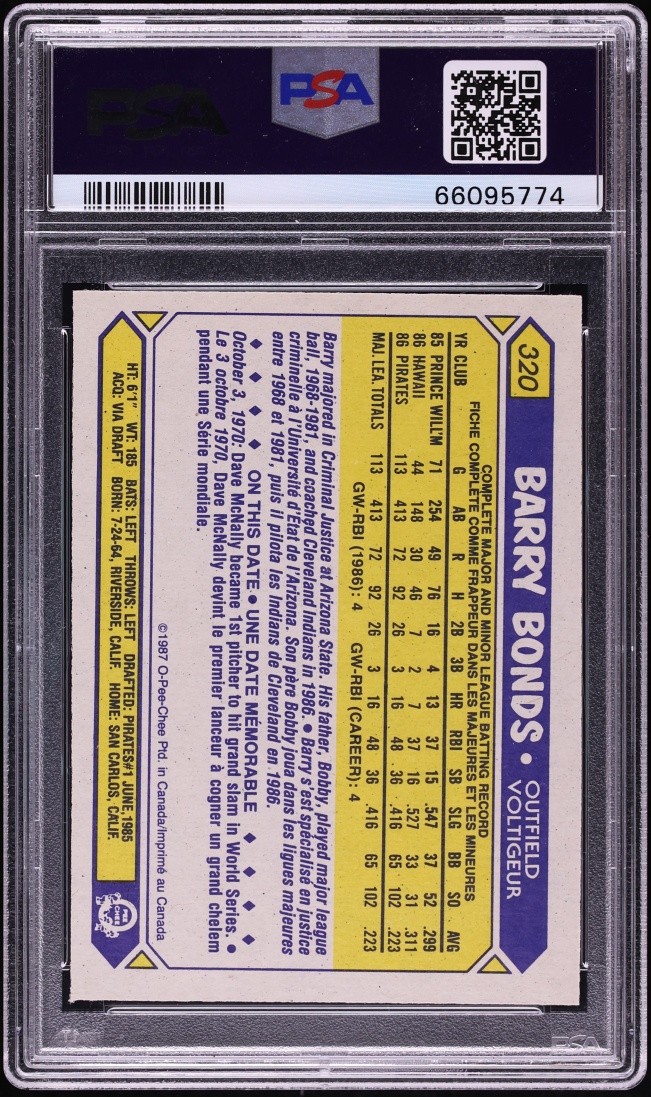 1987 O-Pee-Chee Barry Bonds ROOKIE #320 PSA 8 NM-MT - Photo 2