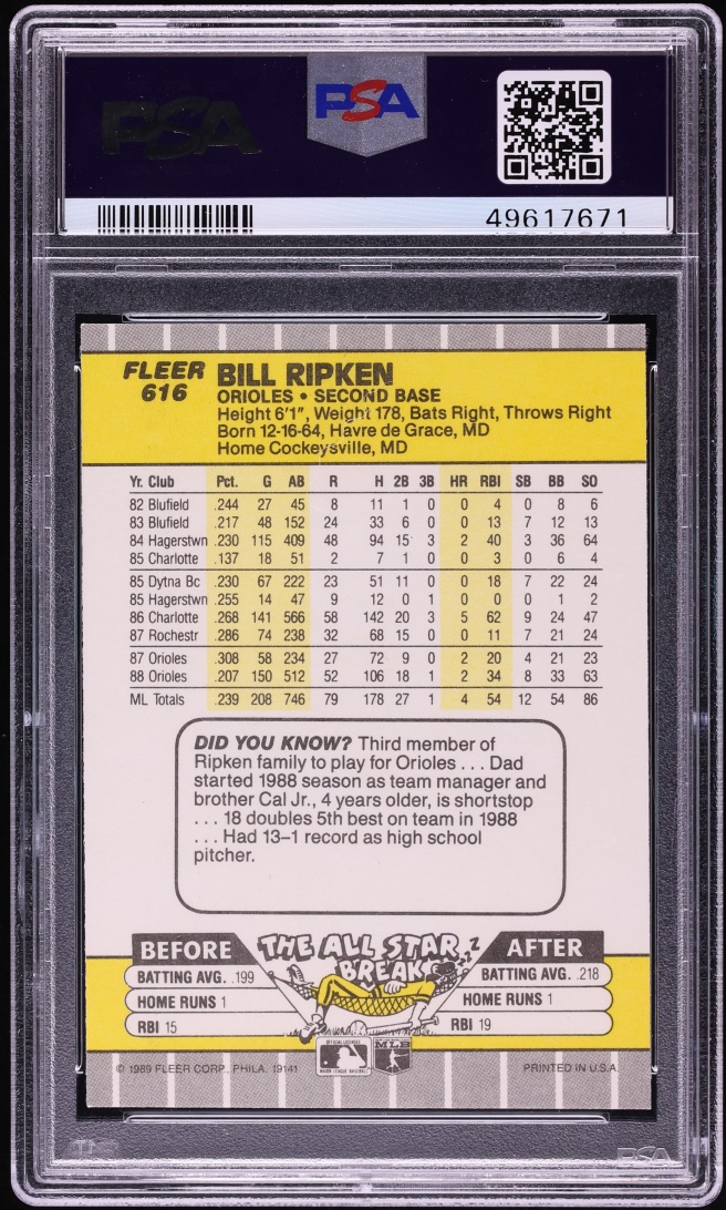 1989 Fleer Bill Ripken ROOKIE AUTO DNA 10, FF ERROR #616 PSA 9 MINT - Photo 2