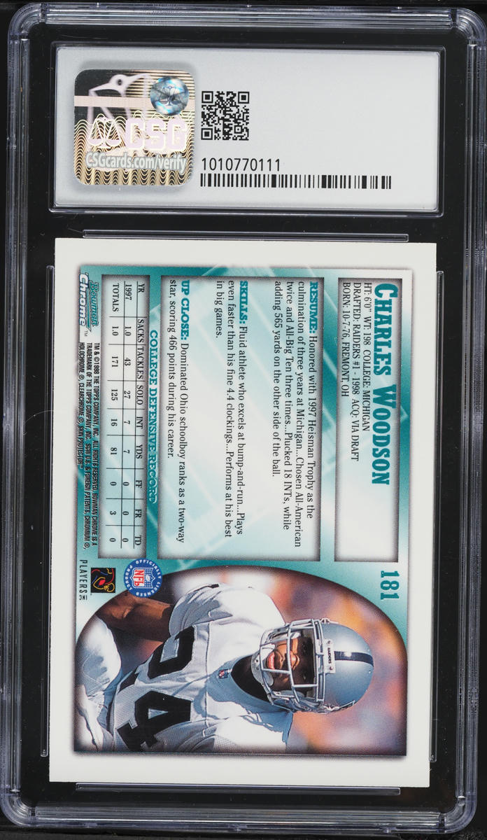 1998 Bowman Chrome Charles Woodson ROOKIE #181 CSG 8.5 NM-MT+