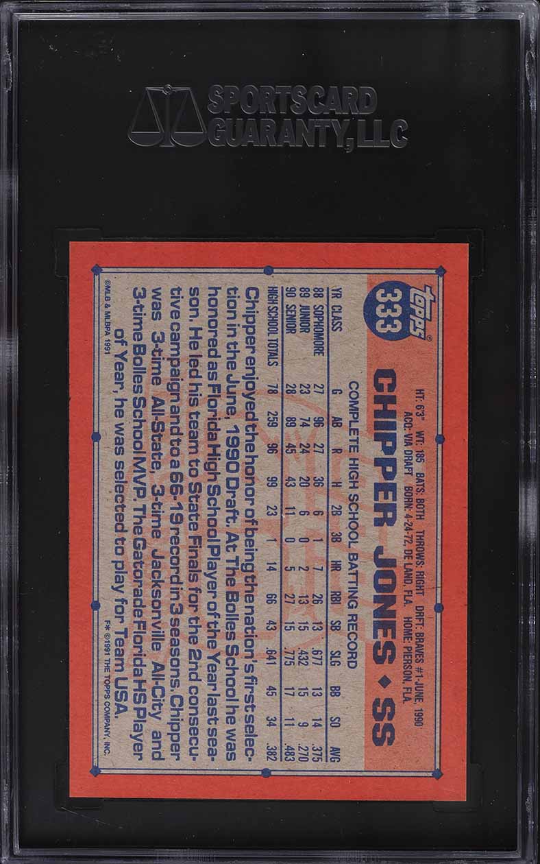 1991 Topps Chipper Jones ROOKIE #333 SGC 10 PRISTINE, GOLD LABEL