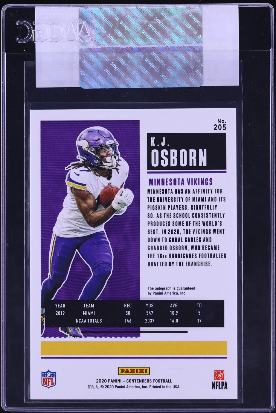 2020 Panini Contenders Wild Card Ticket K.J. Osborn ROOKIE AUTO #205 CGC AUTH