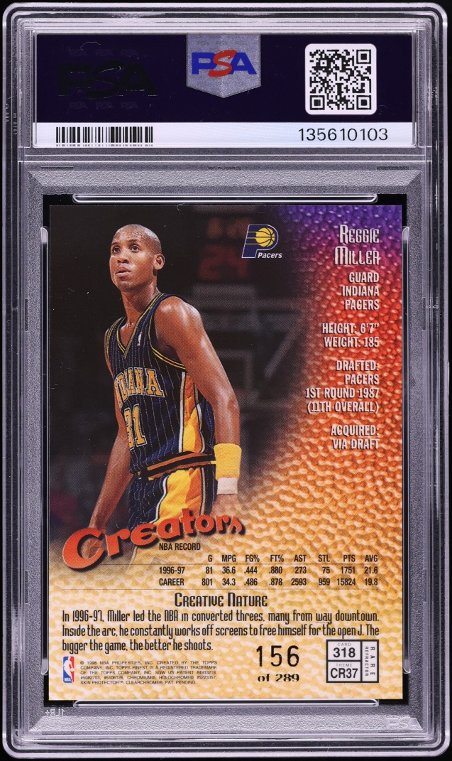 1997 Finest Refractor Reggie Miller /289 #318 PSA 9 MINT