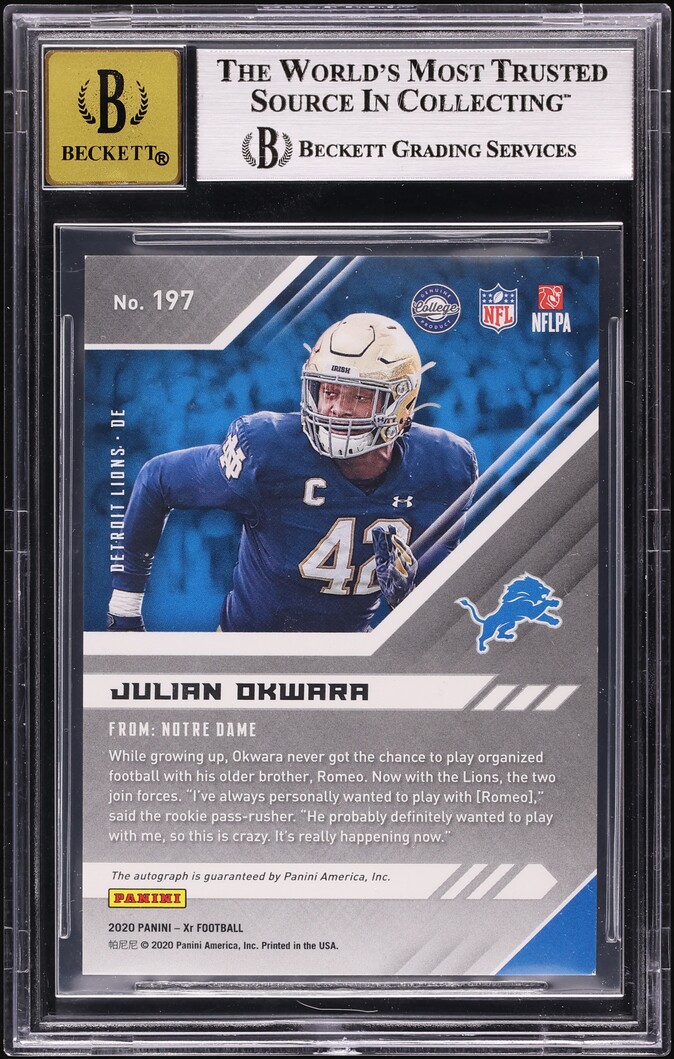 2020 Panini XR Black Julian Okwara ROOKIE AUTO 1/1 #197 BGS 8.5 NM-MT+