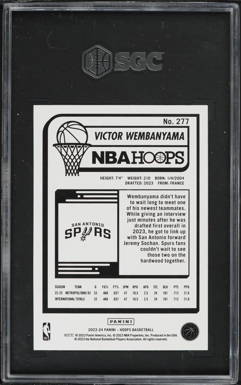 2023 Hoops Purple Victor Wembanyama ROOKIE #277 SGC 10 GEM MINT