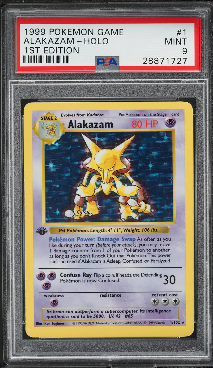 1999 Pokemon Base Set Shadowless 1st Edition Holo Alakazam #1 PSA 9 MINT