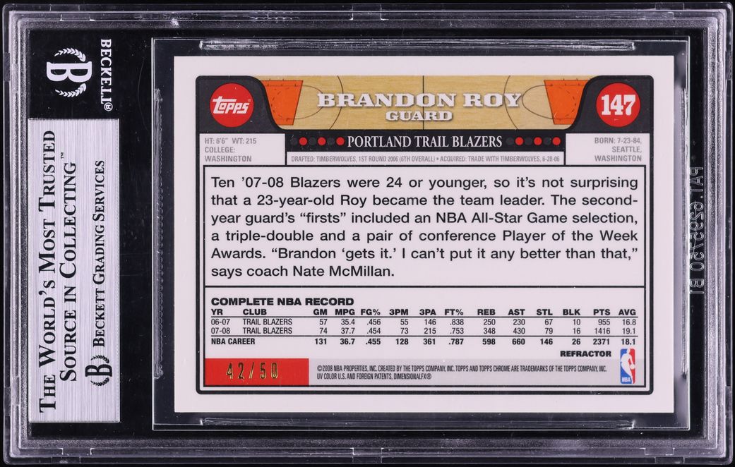 2008 Topps Chrome Refractor Gold Brandon Roy /50 #147 BGS 9 MINT