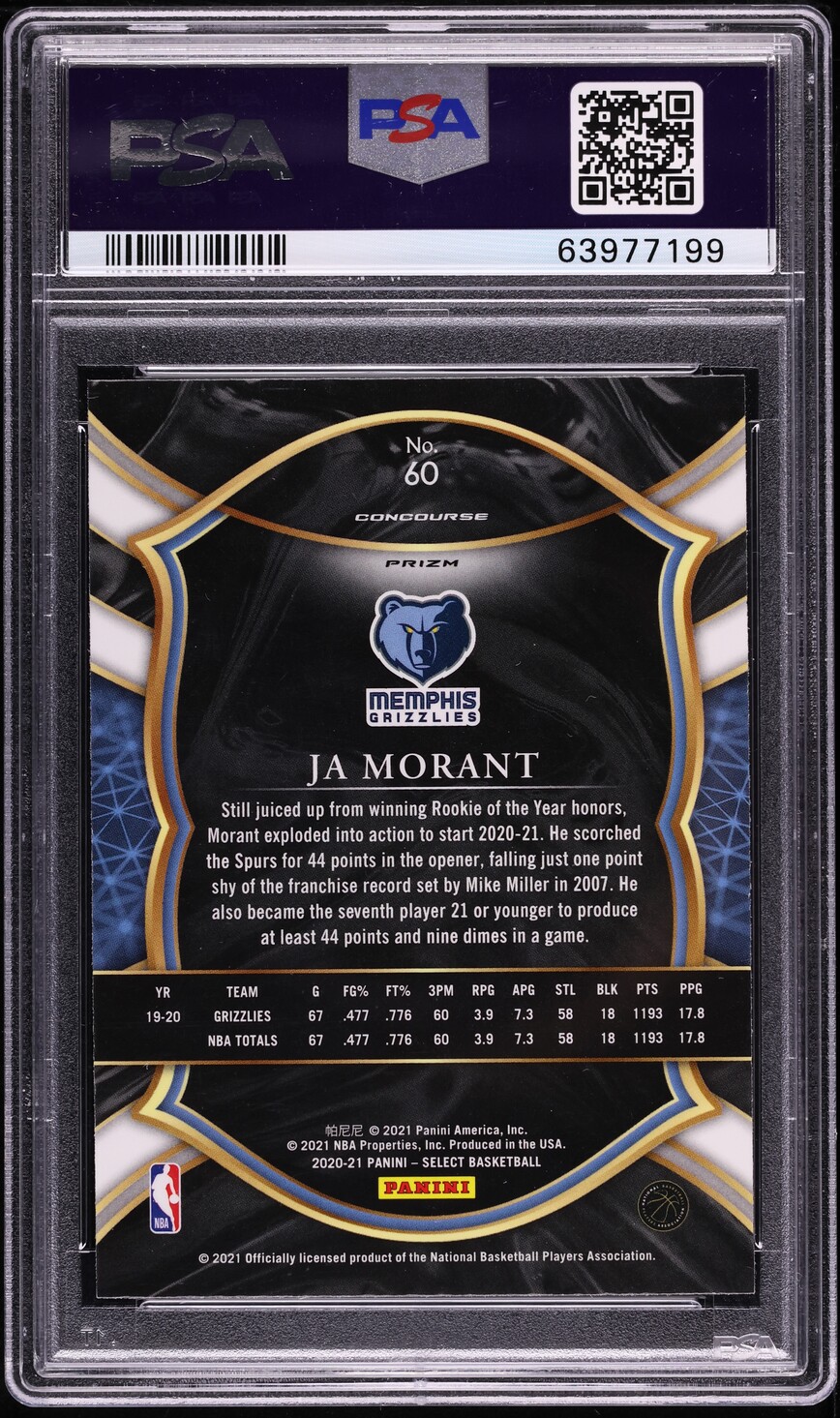 2020 Select Concourse Elephant Prizm Ja Morant #60 PSA 10 GEM MINT
