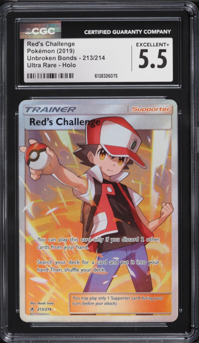 2019 Pokemon Sun & Moon Unbroken Bonds Full Art Red's Challenge #213 CGC 5.5 EX+