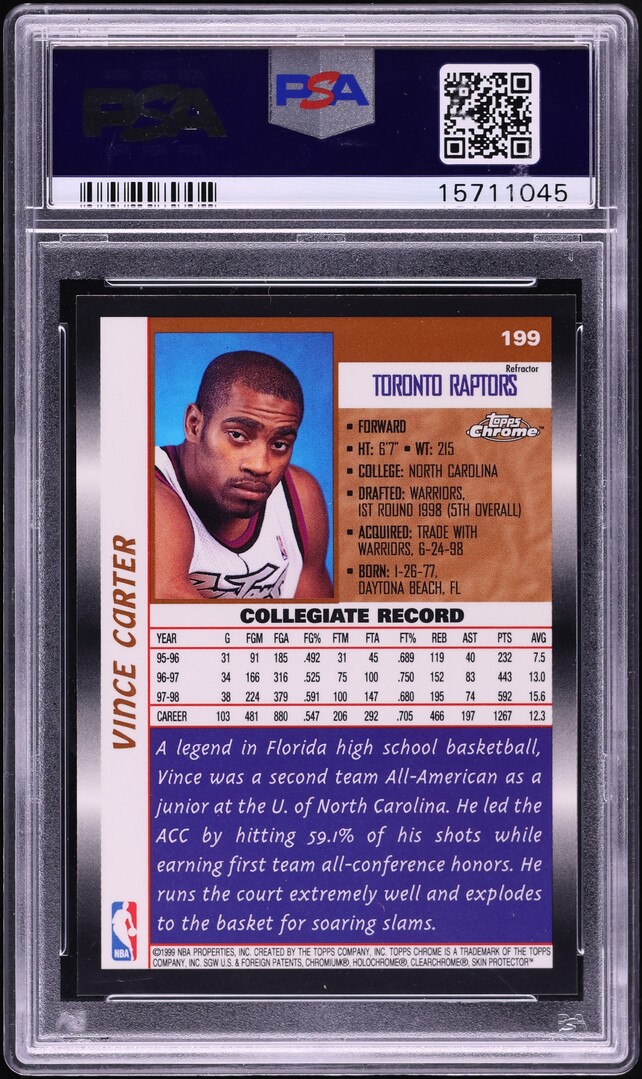 1998 Topps Chrome Refractor Vince Carter ROOKIE #199 PSA 10 GEM MINT