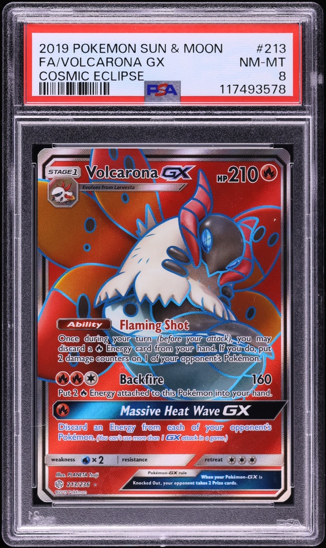 2019 Pokemon Sun & Moon Cosmic Eclipse Full Art Volcarona GX #213 PSA 8 NM-MT
