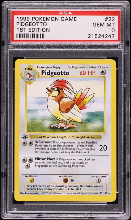1999 Pokemon Base Set Shadowless 1st Edition Pidgeotto #22 PSA 10 GEM MINT