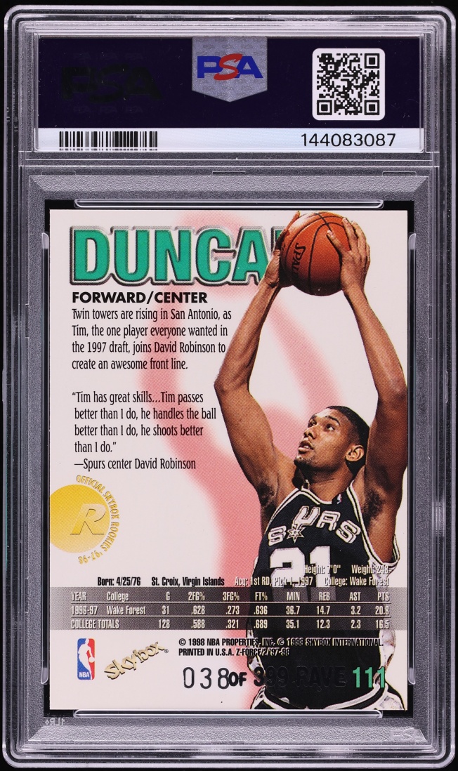 1997 Skybox Z-Force Rave Tim Duncan ROOKIE /399 #111 PSA 8 NM-MT
