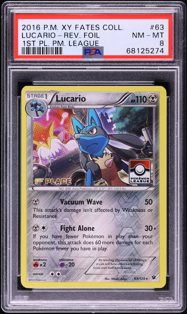 2016 Pokemon XY Fates Collide 1st Place League Reverse Holo Lucario #63 PSA 8 NM-MT